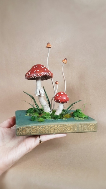 SOLD Cosclay Sculpted 'Botanical Mushrooms' - OOAK Book Sculpture
