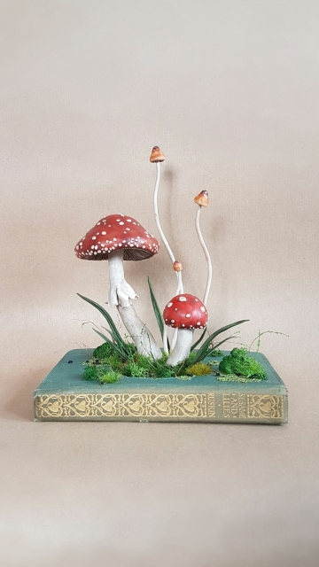 SOLD Cosclay Sculpted 'Botanical Mushrooms' - OOAK Book Sculpture